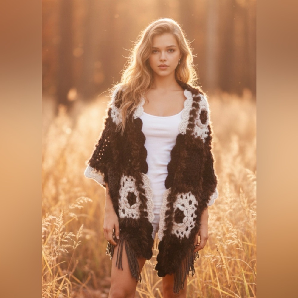 Rabbit Fur and Knit Fringe Shawl Poncho